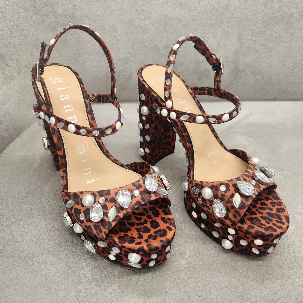 Gianni Bini Platform Sandals 8 Brown Leopard Satin Calvan Two Jeweled New $150 - Picture 10 of 17